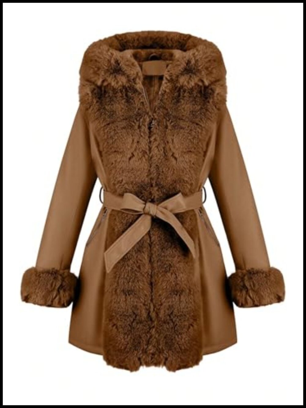 Faux Leather Jacket Fur Lined Hooded Belted Winter Coat